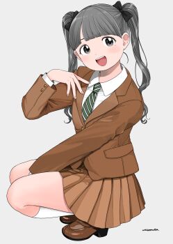 1girl absurdres artist_name black_bow blazer blush bow brown_shoes brown_skirt brown_suit collared_shirt diagonal-striped_clothes diagonal-striped_necktie dot_nose formal_clothes grey_background grey_eyes grey_hair hair_bow highres jacket kneehighs looking_at_viewer mole mole_under_eye nagomurasan nail_polish necktie open_mouth original pink_nails pleated_skirt shirt shoes signature simple_background skirt smile socks solo squatting striped_clothes suit teeth twintails upper_teeth_only white_shirt white_socks