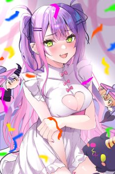 1girl blush box breasts chibi cleavage cleavage_cutout clothing_cutout demon_tail dress fang gift gift_box green_eyes highres hololive long_hair looking_at_viewer medium_breasts open_mouth punikasu purple_hair skin_fang sleeveless tail tearing_up tokoyami_towa twintails virtual_youtuber white_dress