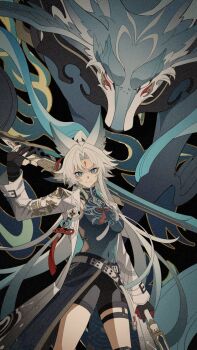 1girl animal_ear_fluff animal_ears beads belt black_background black_gloves black_shorts blue_eyes blue_fur blue_hair blue_shirt buttons chinese_clothes closed_mouth cloud_print coat constellation_print covered_navel cowboy_shot earrings ecliptic_inner_beast_(honkai:_star_rail) eyeshadow feixiao_(honkai:_star_rail) flying forehead_jewel fox fox_ears fox_girl fox_tail gloves gold_earrings gradient_clothes gradient_hair hair_beads hair_between_eyes hair_ornament hand_up high_ponytail highres holding holding_sword holding_weapon honkai:_star_rail honkai_(series) jewelry lapels long_hair long_sleeves looking_at_viewer makeup mandarin_collar multicolored_hair necklace open_clothes open_coat over_shoulder parted_bangs partially_fingerless_gloves ponytail red_eyeshadow red_ribbon ribbon shirt shorts sidelocks simple_background single_earring sleeveless sleeveless_shirt smile standing sword tail tassel tassel_hair_ornament thigh_strap very_long_hair weapon weapon_over_shoulder white_belt white_coat white_hair wide_sleeves yuyouxing