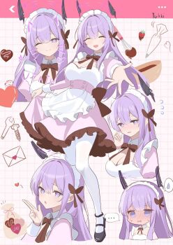 Rule 34 | ..., 1girl, :o, ;), ^ ^, alternate costume, apron, artist name, beckoning, black shoes, blue archive, blush, bowl, breasts, bright pupils, brown ribbon, chocolate, closed eyes, commentary, drawn ears, drawn whiskers, dress, embarrassed, enmaided, flying sweatdrops, foreshortening, frilled apron, frills, grid background, halo, heart, highres, letter, long hair, long sleeves, looking at viewer, love letter, maid, maid apron, maid headdress, medium breasts, multiple views, neck ribbon, nervous sweating, nose blush, one eye closed, pantyhose, pastry bag, pink dress, purple eyes, purple hair, ribbon, shoes, skirt hold, smile, spoken ellipsis, spoken sweatdrop, straight hair, sweat, sweatdrop, utaha (blue archive), very long hair, waist apron, whisk, white apron, white pantyhose, white pupils, yukki83130530