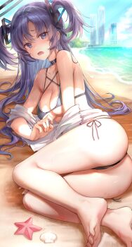 1girl absurdres ass barefoot beach bikini black_bikini black_collar blue_archive blue_eyes blue_sky breasts cleavage cloud collar commentary day feet halo highres legs long_hair looking_at_viewer lying medium_breasts misyune on_side open_mouth outdoors purple_hair scrape scratches shell sky soles solo starfish swimsuit tears thighs toenails toes towel two_side_up wet yuuka_(blue_archive)