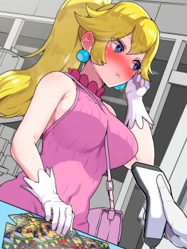 1girl 1other alternate_costume averting_eyes bag barcode_scanner bare_shoulders between_breasts blonde_hair blue_eyes blush boris_(noborhys) bowser breasts bright_pupils commentary_request convenience_store covered_navel cowboy_shot double-parted_bangs dress dutch_angle ear_blush earrings embarrassed full-face_blush gloves hair_between_eyes halter_shirt halterneck hand_in_own_hair handbag highres impossible_clothes impossible_dress impossible_sweater indoors jewelry large_breasts large_variant_set mario_(series) nintendo paid_reward_available pink_bag pink_dress ponytail pov pov_hands princess_peach ribbed_sweater shop shoulder_blush sideboob sleeveless small_sweatdrop solo_focus sphere_earrings strap_between_breasts sweater sweater_dress tight_clothes twirling_hair variant_set white_gloves white_pupils