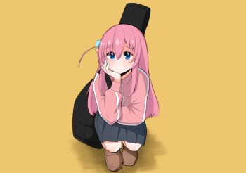 Rule 34 | 1girl, blue eyes, blush, bocchi the rock!, gotoh hitori, guitar case, hair between eyes, hair ornament, hand rest, hkkmori, instrument case, jacket, loafers, long hair, pink hair, pink jacket, shoes, solo, squatting, sweatdrop, track jacket, yellow background