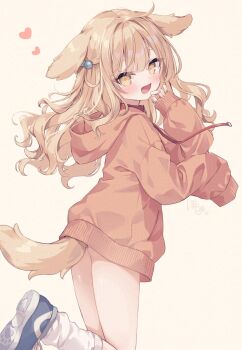 1girl :d animal_ears blonde_hair blue_shoes blush collar commentary_request cowboy_shot dog_ears dog_girl dog_tail fang floppy_ears highres hood hood_down hoodie hoshi_(snacherubi) leg_up long_hair long_sleeves looking_at_viewer no_pants open_mouth orange_hoodie original red_collar shoes simple_background smile sneakers socks solo tail white_socks yellow_eyes