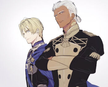 2boys belt belt_buckle blonde_hair blue_belt blue_eyes buckle chest_belt closed_mouth collared_shirt commentary_request cowboy_shot crossed_arms dark-skinned_male dark_skin dedue_molinaro dimitri_alexandre_blaiddyd earrings fire_emblem fire_emblem:_three_houses frown garreg_mach_monastery_uniform high_collar jewelry long_sleeves looking_at_viewer looking_to_the_side male_focus multiple_boys nintendo piercing ponytail school_uniform shirt short_ponytail short_sideburns side-by-side sideways_glance simple_background single_earring smile tassel tsukimura_noe white_background white_hair