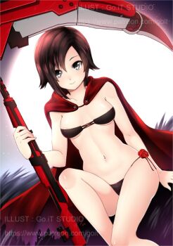 1girl areola_slip bad_deviantart_id bad_id bikini black_eyes breasts brown_hair female_focus go-it looking_at_viewer navel ruby_rose rwby scythe short_hair sitting smile solo swimsuit watermark