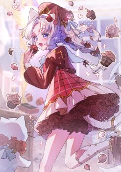 Rule 34 | 1girl, :d, ahoge, animal ear fluff, animal ears, bloomers, blush, bow, braid, brown bloomers, brown bow, brown flower, brown hat, brown rose, brown shirt, brown shoes, cat ears, cat girl, cat tail, commentary, cowboy shot, cupcake, flower, food, hair bow, hat, holding, holding food, juliet sleeves, kneehighs, leg up, long hair, long sleeves, looking at viewer, open mouth, original, parted bangs, puffy sleeves, purple eyes, purple hair, red skirt, rose, shirt, shoes, single braid, skirt, smile, socks, solo, standing, standing on one leg, tail, tsukumi bis, underwear, untranslatable commentary, watermark, white socks