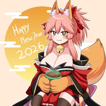 1girl 2026 :3 absurdres animal_ear_fluff animal_ears animal_hands bare_shoulders bell blush breasts cat_paws cleavage collar collarbone commentary cup detached_sleeves english_commentary fang fate/grand_order fate_(series) fox_ears fox_girl fox_tail gloves hair_ribbon highres holding holding_cup japanese_clothes jingle_bell keita_naruzawa kimono large_breasts long_hair looking_at_viewer looking_up neck_bell new_year paw_gloves paw_shoes pink_hair ponytail red_kimono red_ribbon ribbon sitting solo tail tamamo_cat_(fate) tamamo_cat_(first_ascension)_(fate) tea wariza yellow_eyes