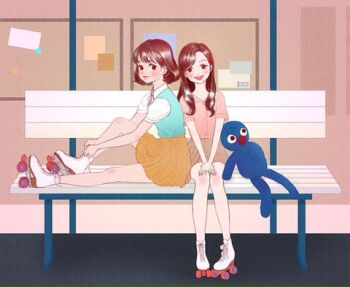 2girls bench blush bob_cut brown_hair commentary_request eunha_(gfriend) eyelashes full_body gfriend instagram_username korean_commentary long_hair looking_at_viewer lowres multiple_girls on_bench roller_skates short_sleeves sitting skates skirt sleeveless sleeveless_sweater smile spang_pang stuffed_toy sweater twitter_username yerin_(gfriend)