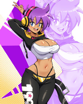 Rule 34 | arms behind head, black pants, black shrug, blue eyes, body blush, breasts, cleavage, commentary, dark-skinned female, dark skin, english commentary, headphones, high ponytail, high voltage shantae, highres, large breasts, lothing), midriff, navel, official alternate costume, official alternate hairstyle, open mouth, pants, panty straps, ponytail, purple hair, shantae, shantae (series), shantae advance: risky revolution, shrug (c, shrug (clothing), smile, tank top, v, white tank top, zoom layer, zuchysdraws