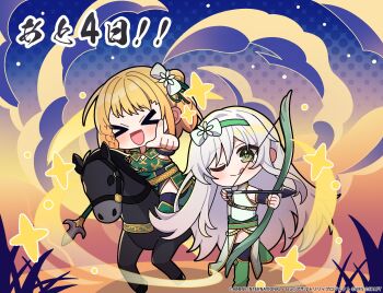 >_< :d ;q animal armor arrow_(projectile) assault_lily asymmetrical_hair black_ribbon black_thighhighs blonde_hair blue_background blush boots bow bow_(weapon) braid chibi chinese_clothes closed_eyes commentary_request copyright_notice countdown dress faulds flower full_body gradient_background green_boots green_dress green_eyes green_hairband grey_hair hair_between_eyes hair_bow hair_bun hair_flower hair_ornament hair_ribbon hairband halftone halftone_background hands_up hayakawa_yahiro highres holding holding_bow_(weapon) holding_polearm holding_weapon horse horseback_riding jewelry knee_boots long_hair looking_at_viewer official_alternate_costume official_art one_eye_closed open_mouth orange_background outstretched_arm pointing pointing_forward polearm ribbon riding ring shin_(shiiin_0001) short_hair side_braid side_slit sidelocks single_braid single_side_bun sleeveless sleeveless_dress smile sparkle spear standing thighhighs tominaga_shin tongue tongue_out translated two-tone_background v-shaped_eyebrows vambraces very_long_hair weapon white_bow white_dress white_flower