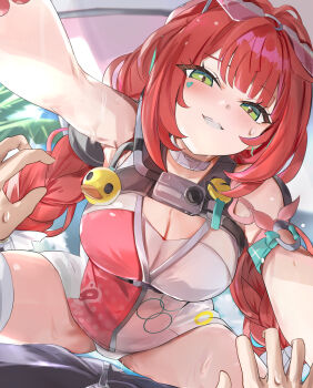1boy 1girl armpits assertive_female bare_shoulders blush braid braided_twintails breasts cleavage eyewear_on_head facial_mark girl_on_top green_eyes grin hair_ornament hearing_aid heart heart-shaped_eyewear heart_facial_mark highres leaning_forward long_hair looking_at_viewer official_alternate_costume one-piece_swimsuit open_mouth pink_one-piece_swimsuit pov pov_hands red_hair smile solo_focus sphere_hair_ornament spread_legs straddling sweat swimsuit teeth thigh_strap tomas_(kaosu22) twintails two-tone_one-piece_swimsuit ukinami_yuzuha ukinami_yuzuha_(tanuki_in_broad_daylight) very_long_hair white_one-piece_swimsuit zenless_zone_zero
