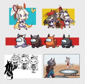 :3 ahoge ahozur_dayo among_us animal_crossing animal_crossing_(style) animal_ears beanie black_gloves blonde_hair blunt_bangs blunt_ends boots bow bowtie bright_pupils brown_hat brown_shoes bug butterfly butterfly_net chibi coat conductor copyright_request crewmate_(among_us) dream_journey_(umamusume) dress ear_bow ear_covers gloves gold_ship_(umamusume) grey_hair grey_hat hair_intakes hand_net hat hat_ornament headgear highres hitting holding holding_baton holding_butterfly_net holding_knife holding_net holding_poke_ball horse_ears horse_girl horse_pose horse_tail impostor_(among_us) insect knee_boots knife leggings long_hair motion_blur mr._resetti nintendo open_clothes open_coat orange_hair orfevre_(umamusume) pillbox_hat poke_ball pokemon purple_bow purple_eyes red_dress sailor_collar shoes short-sleeved_sweater short_sleeves single_ear_cover sleeveless sleeveless_dress solid_circle_eyes spacesuit standing striped_hat sweater tail toy_hammer umamusume user_interface very_long_hair white_boots white_gloves white_leggings white_sailor_collar