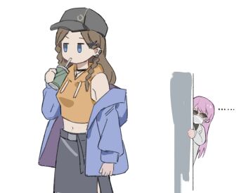 2girls bang_dream! bang_dream!_it's_mygo!!!!! baseball_cap black_choker black_hat black_skirt blue_eyes braid breasts brown_hair chihaya_anon chinese_commentary choker commentary_request cup disposable_cup drinking_straw drinking_straw_in_mouth ear_piercing hat highres holding holding_cup hood hood_down hoodie long_hair mask medium_breasts midriff mouth_mask multiple_girls nagasaki_soyo peeking piercing pink_hair side_braids skirt sleeveless sleeveless_hoodie sunglasses was775 yellow_hoodie