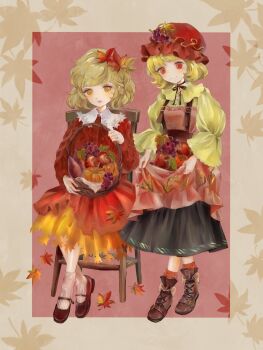 2girls aki_minoriko aki_shizuha apple basket blonde_hair buckle chair commentary_request food fruit full_body grapes hair_ornament hat highres holding holding_basket leaf leaf_dress leaf_hair_ornament maple_leaf medium_hair mob_cap multiple_girls natsuakari on_chair pumpkin sitting touhou