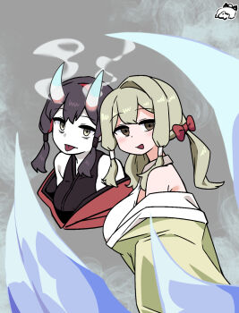 Rule 34 | 2girls, black hair, black survival, bow, breasts, brown eyes, character request, commentary request, eternal return: black survival, green eyes, grey hair, hair bow, hair tubes, highres, japanese clothes, kimono, large breasts, long hair, looking at viewer, ly anh, medium breasts, multiple girls, off shoulder, open mouth, red bow, red kimono, rinyamame, smile, tongue, tongue out, upper body, yellow kimono