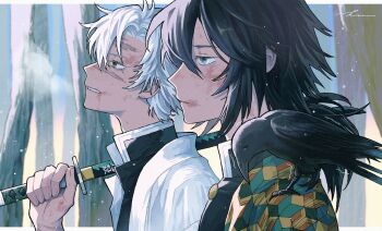 2boys bird black_hair black_jacket blue_eyes crow demon_slayer_uniform grey_hair haori high_collar highres hsfa_2222 jacket japanese_clothes kanzaburou_(kimetsu_no_yaiba) kikkoumon kimetsu_no_yaiba long_hair low_ponytail male_focus multiple_boys ponytail print_haori shinazugawa_sanemi signature spiked_hair teeth tomioka_giyuu upper_body