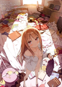 10s 1girl :< absurdres barefoot bed blonde_hair blurry blush book bra breasts chair computer depth_of_field desk feet female_focus from_above highres holding holding_unworn_clothes holding_unworn_skirt kantoku laptop long_hair looking_at_viewer looking_up messy_room mizoguchi_keiji naked_shirt navel off_shoulder open_book parted_lips perspective pillow pleated_skirt red_eyes sakura-sou_no_pet_na_kanojo scan shiina_mashiro shirt skirt solo underwear unworn_clothes unworn_skirt window
