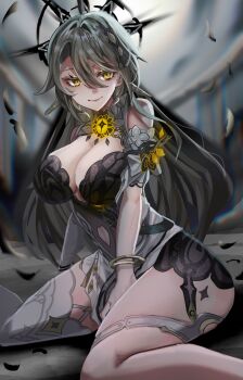 1girl ass bangle bracelet breasts cleavage clothing_cutout commentary_request detached_sleeves dress earrings floral_print gettou0_0 grey_hair hair_ornament halo halo_behind_head highres honkai_(series) honkai_impact_3rd jewelry large_breasts light_smile long_hair looking_at_viewer official_alternate_eye_color pelvic_curtain single_thighhigh sitting solo thick_thighs thigh_strap thighhighs thighs vita_(eldritch_vantage)_(honkai_impact) vita_(honkai_impact) wariza yellow_eyes