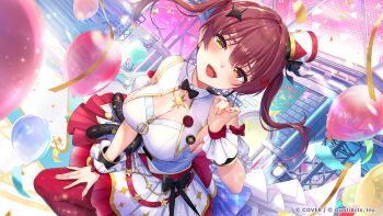 Rule 34 | 1girl, :d, absurdres, balloon, black bow, black bowtie, bow, bowtie, breasts, cleavage, commentary request, confetti, copyright name, corset, detached collar, detached sleeves, dress, hand up, hat, headset, heterochromia, highres, hololive, hololive dreams, houshou marine, large breasts, layered dress, long hair, looking at viewer, mini hat, official alternate hairstyle, official art, open mouth, pantyhose, puffy detached sleeves, puffy short sleeves, puffy sleeves, red eyes, red hair, red pantyhose, sharp teeth, short sleeves, sleeveless, sleeveless dress, smile, solo, teeth, tilted headwear, twintails, upper teeth only, virtual youtuber, white dress, white hat, worried, wrist cuffs, yellow eyes