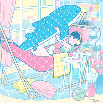 1girl black_hair book book_stack coral curtains fish flat_color hammock headphones highres lamp on_hammock original ship_in_a_bottle short_hair solo squid stuffed_animal stuffed_shark stuffed_toy table umbrella_octopus window yoshimon