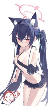 1girl absurdres animal_ear_fluff animal_ears bare_shoulders bikini black_bikini black_hair blue_archive blue_ribbon blush breasts cat_ears cat_girl cleavage clenched_hand collarbone commentary covering_breasts covering_privates cowboy_shot crossed_bangs doodle_sensei_(blue_archive) extra_ears frilled_bikini frills furrowed_brow hair_between_eyes hair_intakes hair_ribbon halo halterneck hand_up hetero highres leaning_forward long_hair medium_breasts nammmmer navel off-shoulder_bikini off_shoulder official_alternate_costume parted_lips pink_halo pink_pupils pov red_eyes ribbon sensei_(blue_archive) serika_(blue_archive) serika_(swimsuit)_(blue_archive) shy sidelocks simple_background slit_pupils solo spoken_character stomach straight_hair swimsuit thighs thumbs_up tsurime twintails variant_set very_long_hair wet white_background