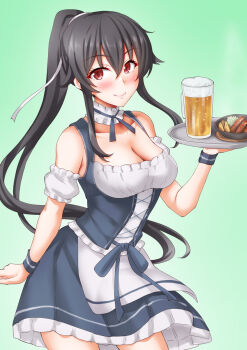 Rule 34 | 1girl, alcohol, alternate costume, anti (untea9), apron, barmaid, beer, beer mug, black hair, blush, bodice, breasts, cleavage, commentary request, cup, dirndl, dress, food, german clothes, green background, highres, kantai collection, long hair, looking at another, looking at viewer, medium breasts, mug, plate, ponytail, potato, red eyes, rice, sausage, smile, solo, tray, waitress, yahagi (kancolle)