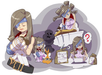 00s 06erunium 1girl apron beatrix belt blue_eyes breasts brown_eyes brown_hair candy chocolate chocolate_heart cleavage cooking eyepatch female_focus final_fantasy final_fantasy_ix fire food gloves heart highres long_hair smoke solo sword upper_body weapon