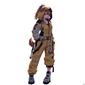 1girl absurdres animal_ears backlighting belt black_sports_bra blowing_bubble_gum brown_eyes brown_hair brown_tail character_pin chewing_gum clothing_cutout commentary_request dog_ears dog_girl dog_tail double-parted_bangs ears_through_hood full_body futo-inu hair_between_eyes hair_through_hood hands_in_pockets high_ponytail high_tops highres hololive hood hood_up hooded_jumpsuit hoso-inu inugami_korone inugami_korone_(yb-2_overalls) jumpsuit listener_(inugami_korone) looking_at_viewer medium_hair messy_hair official_alternate_costume official_alternate_hairstyle overexposure ponytail shoes simple_background sneakers solo sports_bra tail tail_through_clothes transparent_background traveler_(artbbt) virtual_youtuber white_belt white_shoes yellow_jumpsuit