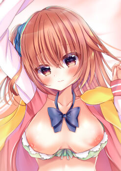 1girl absurdres arm_up blue_bow blue_bowtie blue_scrunchie blush bow bow_bra bowtie bra bra_pull breasts breasts_apart breasts_out closed_mouth clothes_pull collarbone commentary_request commission crossed_bangs eyes_visible_through_hair frilled_bra frills green_bra hair_between_eyes hair_ornament hair_scrunchie hand_up head_tilt highres inaba_meguru jacket letterman_jacket long_sleeves looking_at_viewer medium_breasts nekota_min nipples one_side_up open_clothes open_jacket orange_hair pink_background pink_jacket sanoba_witch scarf scrunchie shy simple_background skeb_commission sleeves_past_wrists solo split_mouth straight-on sweat underwear upper_body wavy_mouth white_sleeves yellow_scarf