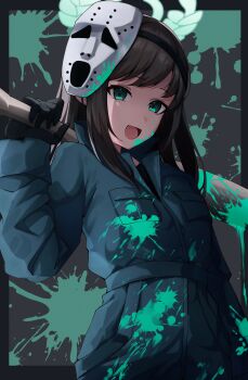1girl :d absurdres airi_(blue_archive) airi_(halloween)_(blue_archive) baseball_bat black_border black_gloves blue_archive border brown_hair commentary_request cowboy_shot false_smile gloves green_eyes green_halo green_jacket green_pants grey_background halloween_costume halo hand_up highres hockey_mask holding holding_baseball_bat jacket long_hair long_sleeves looking_at_viewer mask mask_on_head official_alternate_costume oiru_(613) open_mouth outside_border over_shoulder paint_splatter paint_splatter_on_face pants simple_background smile solo tsurime weapon weapon_over_shoulder