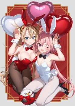 1boy 1girl absurdres animal_ear_hairband animal_ears astolfo_(fate) astolfo_(saber)_(fate) balloon bare_shoulders blonde_hair blue_eyes blush bow bowtie bradamante_(fate) braid breasts brown_pantyhose character_request cleavage commentary_request covered_navel crown_braid detached_collar fake_animal_ears fake_tail fate/grand_order fate_(series) hair_bow hair_intakes hair_ornament hair_ribbon hairband heart_balloon high_heels highleg highleg_leotard highres hippogriff_(fate) kan'yu_(citron_82) kneeling large_breasts leotard long_hair looking_at_viewer low_twintails male_playboy_bunny multicolored_hair one_eye_closed open_mouth pantyhose pink_eyes pink_hair playboy_bunny purple_eyes rabbit_ears rabbit_tail red_leotard ribbon smile streaked_hair stuffed_toy tail thighs trap twintails very_long_hair white_hair white_leotard white_pantyhose wrist_cuffs