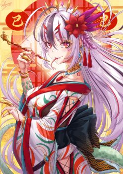 1girl forked_tongue highres japanese_clothes kimono long_tongue looking_at_viewer sakiyamama smoking_pipe tagme tongue tongue_out
