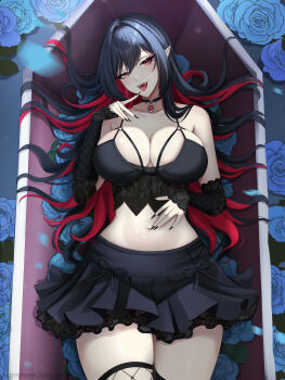 1girl absurdres black_nails black_skirt blue_flower blue_rose breasts coffin collarbone colored_inner_hair eyelashes fishnet_thighhighs fishnets flower highres hime_tyan_art large_breasts long_hair lying multicolored_hair navel on_back open_mouth original pointy_ears red_eyes red_hair rose skirt solo teeth thighhighs tongue twitter_username upper_teeth_only vampire virtual_youtuber