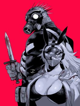 1boy 1girl absurdres animal_ears animal_head bra breasts caiman_(dorohedoro) cleavage coat combat_knife cropped_jacket cross_tattoo dorohedoro fake_animal_ears gas_mask gloves greyscale greyscale_with_colored_background hands_in_pockets hat head_spikes highres holding jacket knife knife_sheath large_breasts limited_palette lingerie lizardman long_hair looking_at_viewer manabu_yashiro mask medium_breasts midriff monochrome muscular muscular_male navel nikaidou_(dorohedoro) pants rabbit_ears reptile_boy sheath signature simple_background tattoo teeth underwear upper_body weapon white_hair