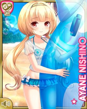 1girl barefoot beach bikini blonde_hair blue_bikini blue_skirt bow card character_name closed_mouth day girlfriend_(kari) innertube microskirt nishino_ayane official_art outdoors qp:flapper red_eyes shirt skirt smile solo spa standing swim_ring swimsuit tagme twintails white_bow white_shirt