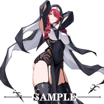 1girl absurdres armpit_cutout armpits arms_behind_head black_dress black_thighhighs black_veil breasts clothing_cutout commentary covered_navel dress drill_hair drill_sidelocks facial_mark feet_out_of_frame from_below garter_belt hair_over_one_eye highres huge_breasts kazezz long_hair long_sleeves looking_at_viewer nun original parted_lips red_eyes red_hair sample_watermark sidelocks simple_background solo standing thighhighs thighs veil watermark white_background white_dress