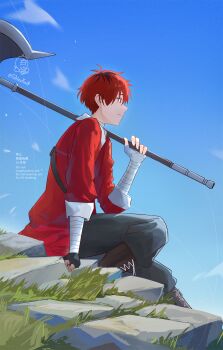 Rule 34 | 1boy, absurdres, axe, bandaged arm, bandages, battle axe, black pants, closed mouth, collared shirt, commentary request, day, from side, full body, highres, male focus, multicolored hair, on ground, on shoulder, pants, profile, red hair, red shirt, rock, shiro font, shirt, short hair, signature, sitting, sky, solo, sousou no frieren, stark (sousou no frieren), twitter username, two-tone hair, watermark, weapon