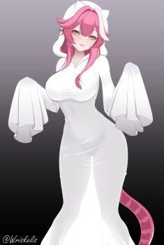 1girl black_background blush breasts commentary covered_navel english_commentary fangs ghost_costume gluteal_fold gradient_background highres hololive hololive_english hood hoodie large_breasts long_hair long_sleeves multicolored_hair open_mouth panther_girl panther_tail pink_hair pink_tail raora_panthera see-through_silhouette sleeves_past_fingers sleeves_past_wrists smile solo streaked_hair tail thighs twitter_username two-tone_hair virtual_youtuber white_hoodie wriskelis yellow_eyes