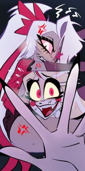 anger_vein angry between_legs biting biting_clothes blonde_hair bow ch00ls charlie_morningstar commentary cum cum_in_mouth dark-skinned_female dark_skin flustered hair_bow hazbin_hotel hellaverse highres implied_cunnilingus red_eyes untranslatable_commentary vaggie white_hair yuri