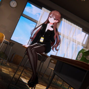 black_jacket black_shoes black_shorts blue_sky breasts brown_eyes brown_hair cauchyschwarz97 closed_mouth colored_skin contrapposto desk formal_clothes jacket korean_text large_breasts long_hair name_tag pantyhose school school_desk shirt shoes shorts sitting sitting_on_object sky smile suit teacher very_long_hair victory_(waktaverse) virtual_youtuber waktaverse white_shirt white_skin yellow_eyes