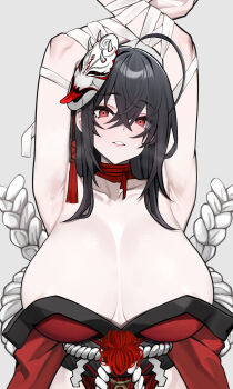 Rule 34 | 1girl, ahoge, armpits, arms up, azur lane, bandaged arm, bandages, bare shoulders, black hair, blush, breasts, cleavage, dress, hair over one eye, highres, huge breasts, long hair, looking at viewer, mask, off shoulder, parted lips, red dress, rope belt, siu (siu0207), solo, taihou (azur lane), taihou (meta) (azur lane), very long hair