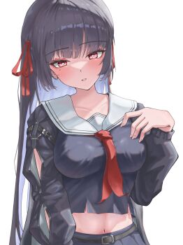 1girl arm_cutout black_hair black_shirt black_skirt blush breasts chisa_(wuthering_waves) clothing_cutout collarbone commentary fingernails hair_ribbon highres hodissi large_breasts long_hair long_sleeves looking_at_viewer midriff mole mole_under_eye navel parted_lips red_eyes red_ribbon ribbon sailor_collar shirt simple_background skirt solo upper_body white_background white_sailor_collar wuthering_waves