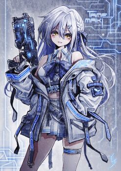 1girl android belt blue_bow blue_bowtie blush bow bowtie braid collared_shirt commentary_request cyberpunk fingerless_gloves gloves gun hair_bow hair_ornament hand_in_pocket highres holding holding_gun holding_weapon jacket looking_at_viewer machine mecha midriff navel original pleated_skirt robot science_fiction shirt skirt solo straight-on thigh_strap weapon white_gloves white_hair white_jacket white_shirt white_skirt yellow_eyes yu-ki_iwata