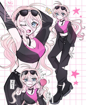Rule 34 | 1girl, alternate costume, antenna hair, arms up, belt, belt collar, black belt, blonde hair, blue eyes, blush, breasts, cleavage, collar, collarbone, commentary request, danganronpa (series), danganronpa v3: killing harmony, drooling, eyelashes, eyewear on head, full body, grid background, hair between eyes, highres, holding, iruma miu, large breasts, long hair, long sleeves, looking at viewer, mmr 0x, mouth drool, open mouth, sleepy, smile, standing, star (symbol), studded belt, sunglasses, tears, translation request, very long hair, watermark, wavy hair, yawning