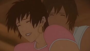 1boy 1girl anal brown_hair eirka_(ova) from_behind gyo_(ova) on_bed sex smile