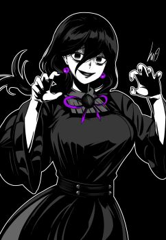 1girl absurdres alternate_breast_size_(larger) breasts claw_pose commentary dress earrings empty_eyes english_commentary greyscale hair_between_eyes hex_maniac_(pokemon) hex_maniac_(pokemon_legends:_z-a) highres jewelry large_breasts long_hair lughost monochrome nintendo open_mouth pokemon pokemon_legends:_z-a smile solo spot_color upper_body wide_sleeves