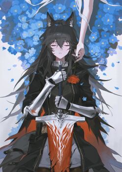 2girls absurdres animal_ears arknights armor black_dress black_hair blue_flower closed_eyes crossed_bangs death dress facing_viewer flower flower_bed gauntlets hair_between_eyes highres holding holding_flower holding_sword holding_weapon huge_weapon lappland_(arknights) long_hair lying meng_ziya multiple_girls on_back out_of_frame parted_lips red_flower red_rose rose solo_focus sword texas_(arknights) torn_clothes torn_dress weapon wolf_ears wolf_girl