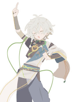 1boy absurdres bead_necklace beads black_shirt blue_pants closed_eyes commentary_request crop_top earrings feet_out_of_frame gauntlets highres jewelry komiroku magatama male_focus murakumo_kagetsu murakumo_kagetsu_(1st_costume) necklace nijisanji open_mouth pants pointing pointing_up shirt short_hair simple_background single_earring smile solo virtual_youtuber white_background white_hair