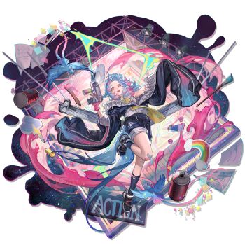 1girl animal_ears apron arknights asymmetrical_legwear bandaid bandaid_on_knee bandaid_on_leg baseball_cap binder_clip bird_ears bird_girl bird_tail blue_feathers blue_hair blue_jacket blue_shorts blue_socks blush clapperboard erkai feathers film_set from_above full_body gloves halftone hanging hat highres holding jacket leg_up long_sleeves looking_at_viewer mismatched_socks multicolored_hair official_art open_mouth orange_eyes oversized_jacket paint paint_tube paintbrush painting_(action) partially_unzipped pink_gloves pink_hair pulley ribbed_socks sandals shirt shorts sleeve_zipper sleeveless sleeveless_shirt smile socks solo spray_can stairs sticky_note tail teeth third-party_source tippi_(arknights) tongue torn_clothes torn_socks transparent_background two-tone_hair uneven_legwear unworn_headwear upper_teeth_only white_sandals white_shirt wire yellow_apron